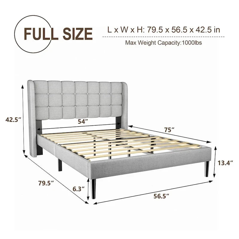 Bed Frame with Upholstered Wingback Headboard And Wooden Slats Support