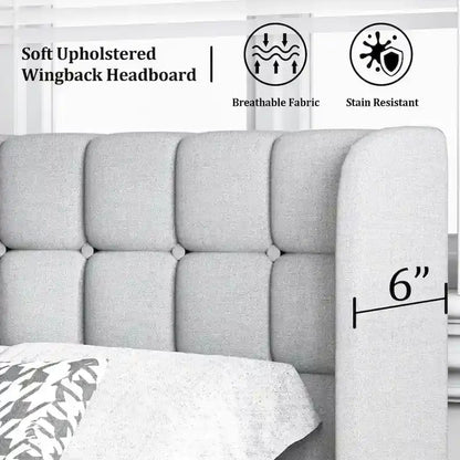 Bed Frame with Upholstered Wingback Headboard And Wooden Slats Support