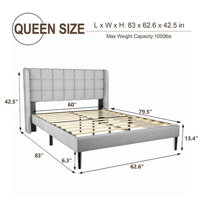Bed Frame with Upholstered Wingback Headboard And Wooden Slats Support