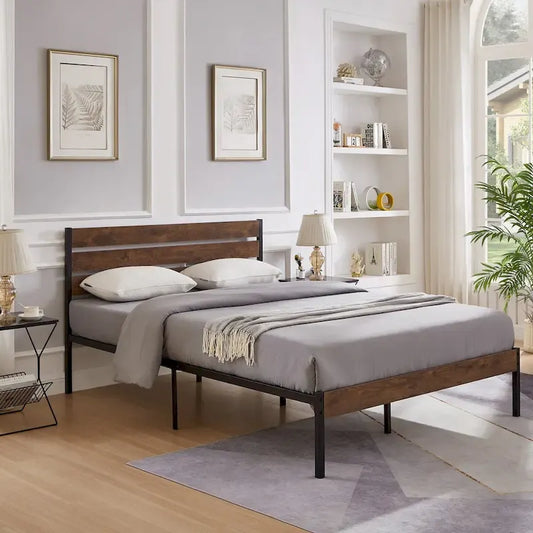 Bed Frame With Wood Headboard, Metal Frame With Strong Slats