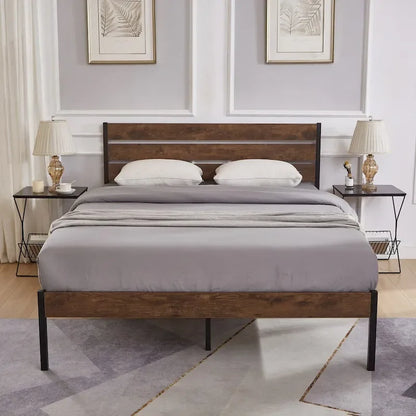 Bed Frame With Wood Headboard, Metal Frame With Strong Slats