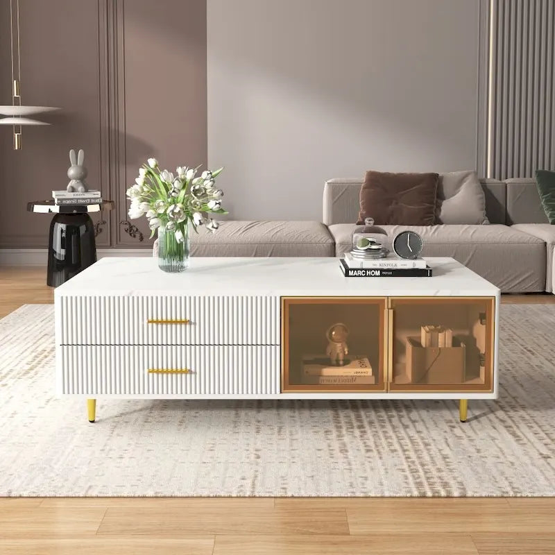 Modern Coffee Table with 2 Glass Door Storage with 4 Drawers