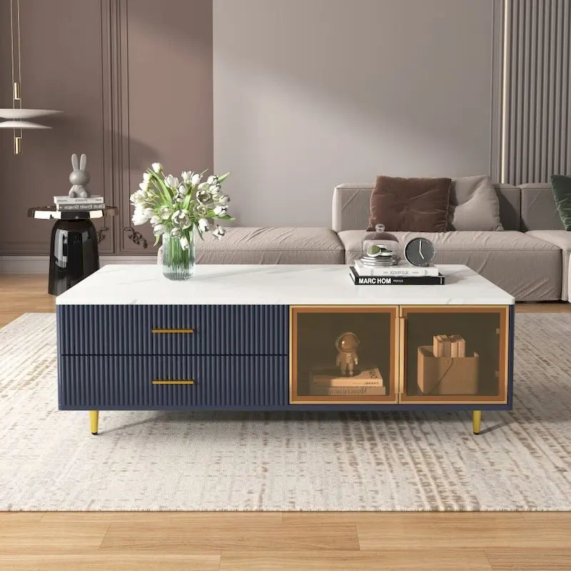 Modern Coffee Table with 2 Glass Door Storage with 4 Drawers