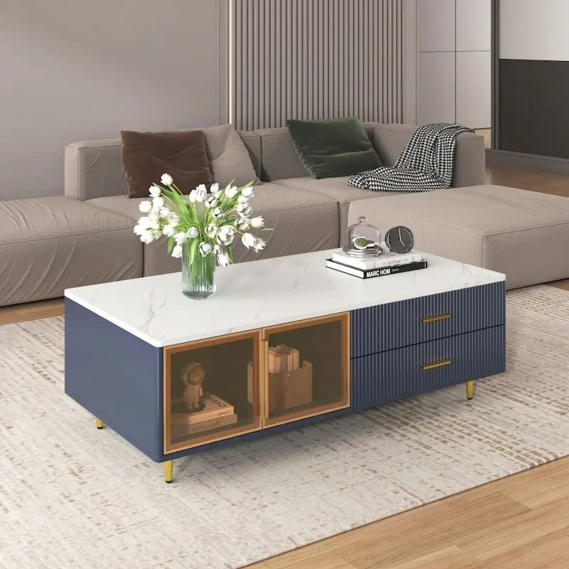 Modern Coffee Table with 2 Glass Door Storage with 4 Drawers