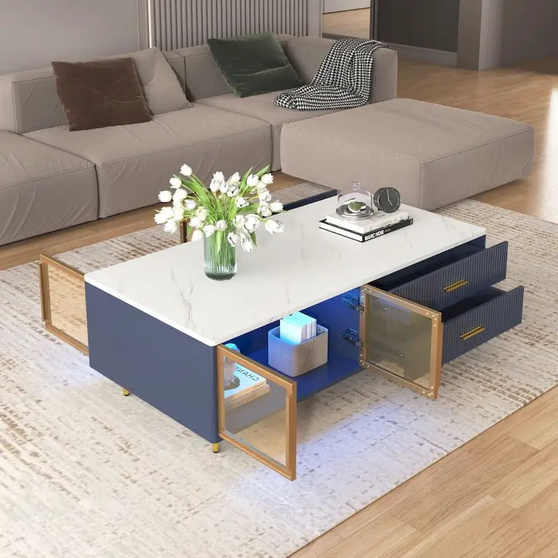Modern Coffee Table with 2 Glass Door Storage with 4 Drawers