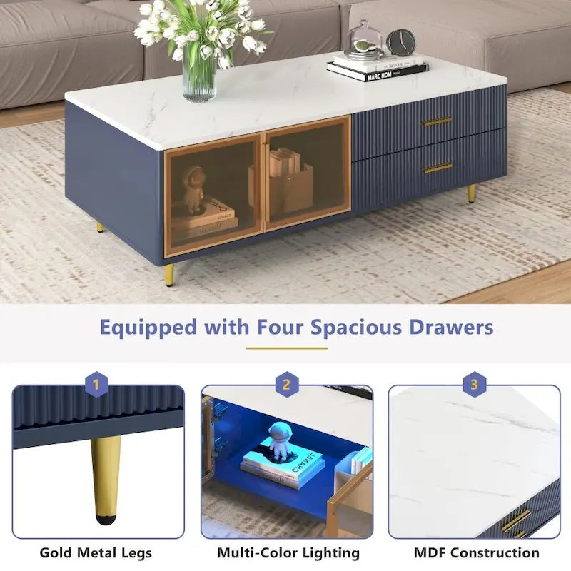 Modern Coffee Table with 2 Glass Door Storage with 4 Drawers