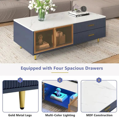 Modern Coffee Table with 2 Glass Door Storage with 4 Drawers
