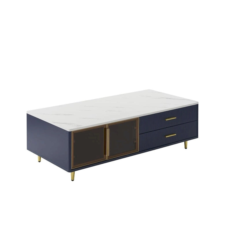 Modern Coffee Table with 2 Glass Door Storage with 4 Drawers