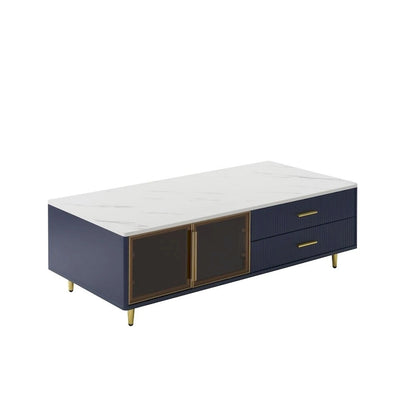 Modern Coffee Table with 2 Glass Door Storage with 4 Drawers