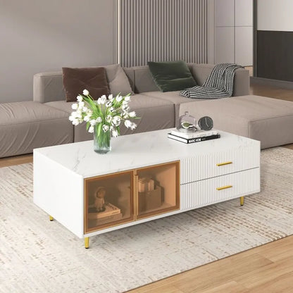 Modern Coffee Table with 2 Glass Door Storage with 4 Drawers