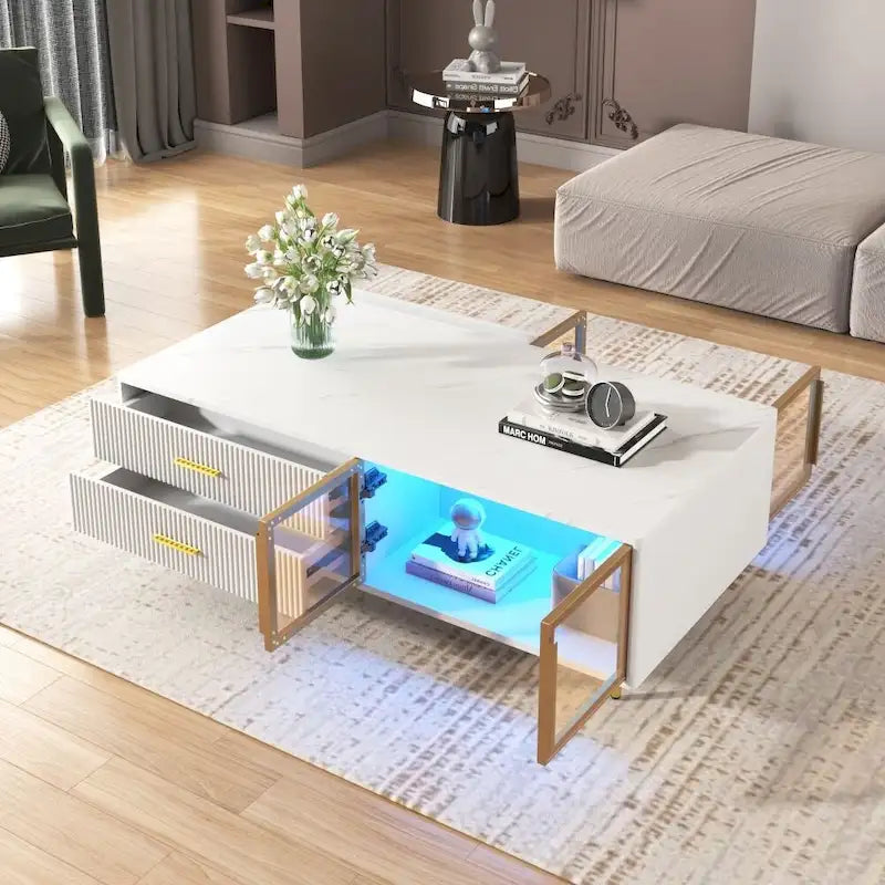 Modern Coffee Table with 2 Glass Door Storage with 4 Drawers