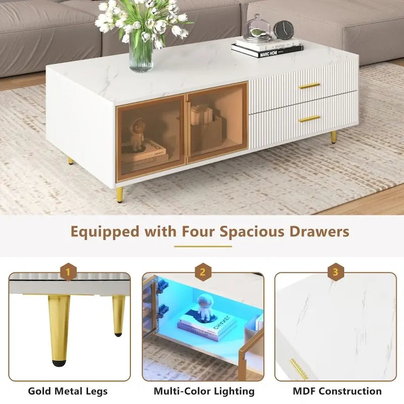 Modern Coffee Table with 2 Glass Door Storage with 4 Drawers
