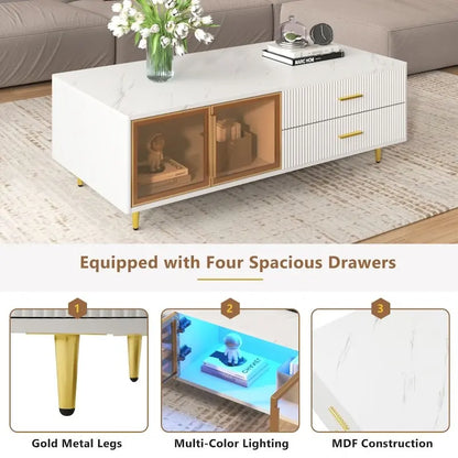 Modern Coffee Table with 2 Glass Door Storage with 4 Drawers
